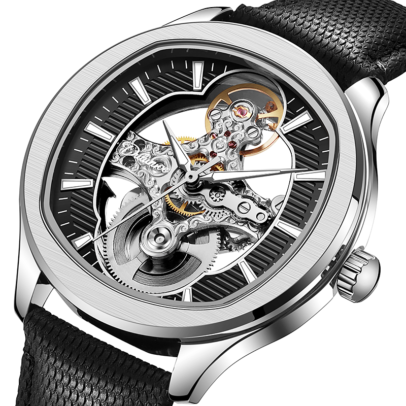 Skeleton Automatic Watch Luxury Tourbillon - Zegarek z odwróconym tourbillonem, skórzany pasek,